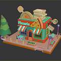 Colorful Cartoon Style Pizzeria 3D Model With Pizza Sign Stacked Boxes Outdoor Seating And Trees
