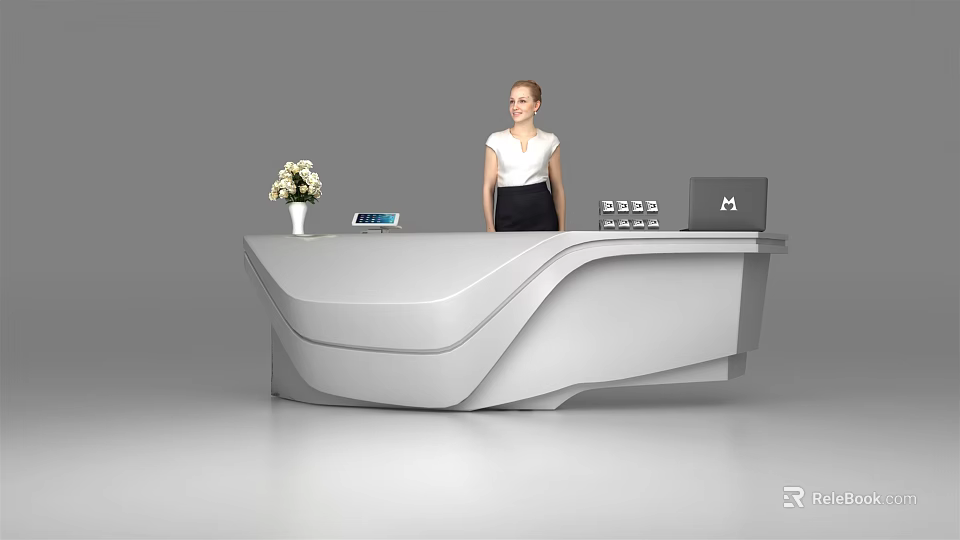 Modern Reception Desk With Curved Design Receptionist Standing Behind Flower Vase Tablet And Laptop 3d model 