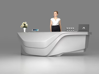 Modern Reception Desk With Curved Design Receptionist Standing Behind Flower Vase Tablet And Laptop 3d model