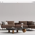 Modern Brown Sectional Sofa With Decorative Pillows Round Coffee Table And Side Lamp 3d model