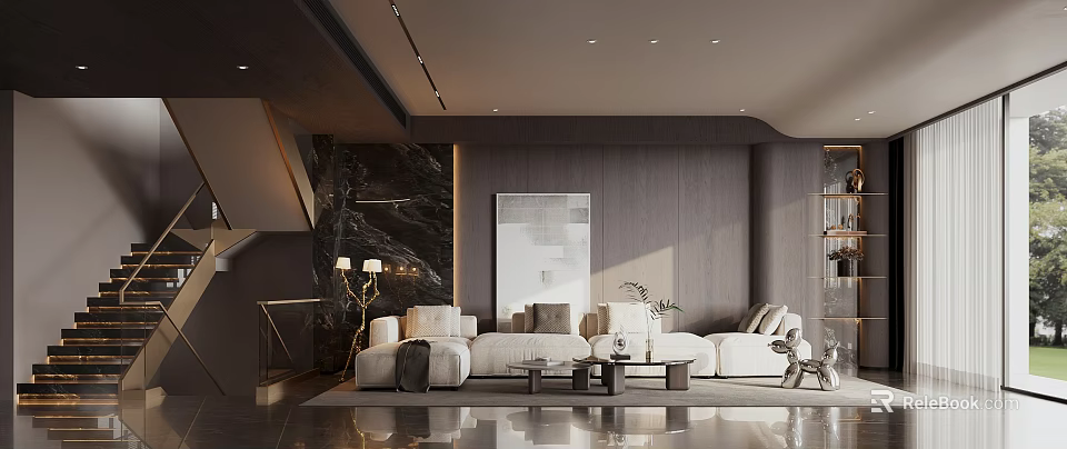 Modern Stylish Living Room Interior With Light Colored Sofa Wooden Wall Black Marble Accent Artwork 3d model 