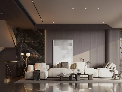 Modern Stylish Living Room Interior With Light Colored Sofa Wooden Wall Black Marble Accent Artwork 3d model