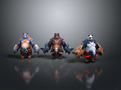 Three Armored Bear Game Characters With Distinct Color Schemes And Detailed Equipment 3d model