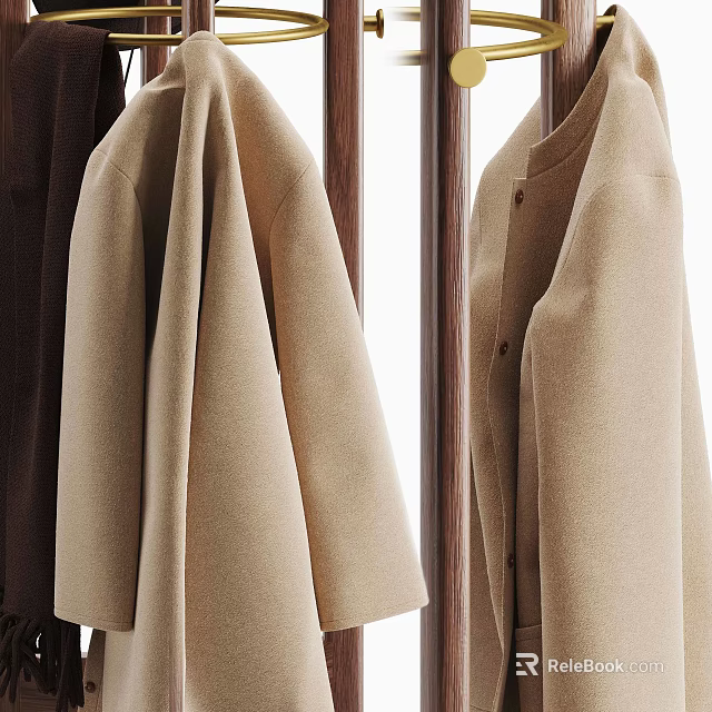 Wooden Clothes Hanger With Beige And Brown Coats Hanging In Minimalist Space 3d model 