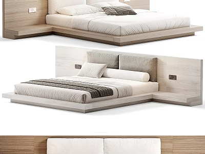 Modern Double Bed with Wooden Headboard and Cozy White Bedding in Minimalist Design 3d model