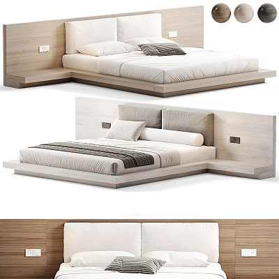 Modern Double Bed with Wooden Headboard and Cozy White Bedding in Minimalist Design 3d model