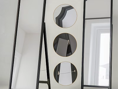 Three Circular Mirrors With Black Frames Vertically Mounted On White Wall 3d model
