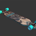 Stylish Wooden Longboard With Turquoise Wheels And Decorative Pattern Design