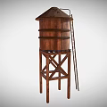 Wooden Water Tower With Cylindrical Storage Tank And Ladder Support Frame Structure