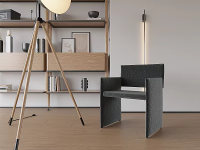 Modern Minimalist Gray Accent Chair In Room With Wooden Shelves And Tripod Floor Lamp 3d model