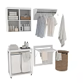 Bathroom Towel Organization With Stacked Hanging Towels On Storage Racks And Wicker Basket