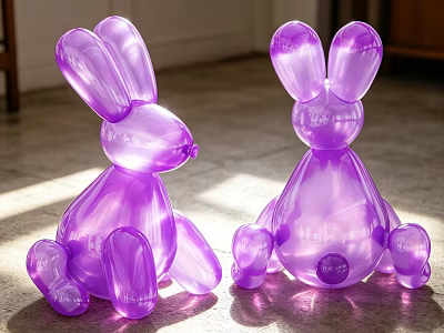 Two Purple Transparent Balloon Rabbit Sculptures With Indoor Light And Shadow 3d model