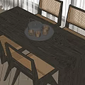 Wooden Dining Table Set With Rattan Back Chairs And Tea Set Tray 3d model
