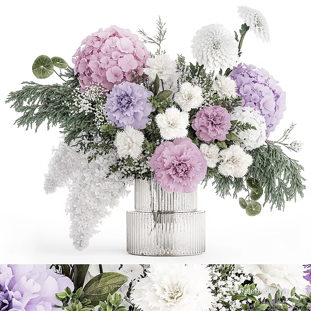 Silver Textured Vase with Pink Purple White Mixed Flowers and Green Foliage 3d model 