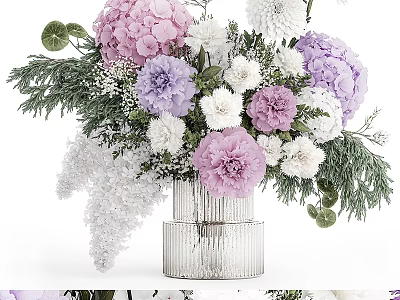 Silver Textured Vase with Pink Purple White Mixed Flowers and Green Foliage 3d model