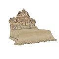 Classic European Style Double Bed With Ornate Carved Headboard And Beige Linen Bedding Ruffled Edges