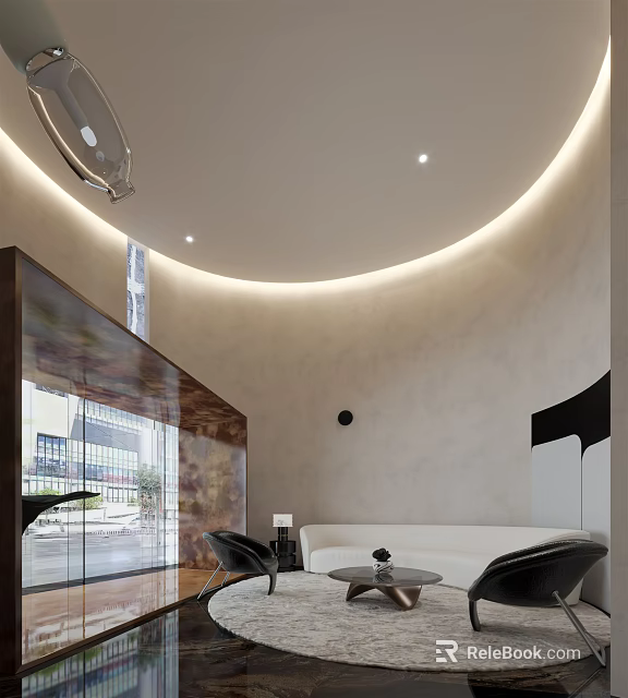 Hotel Lobby Modern Interior Design With Circular Ceiling Light Strips And Floor To Ceiling Windows 3d model 