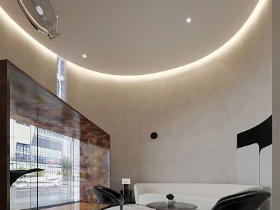 Hotel Lobby Modern Interior Design With Circular Ceiling Light Strips And Floor To Ceiling Windows 3d model