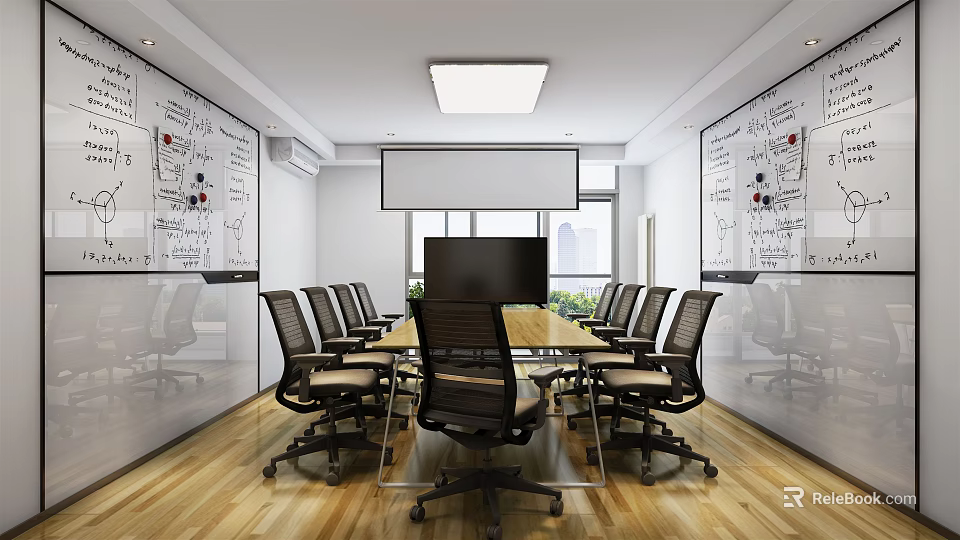 Modern Meeting Room With Long Conference Table Black Office Chairs Whiteboards And Large Screen 3d model 