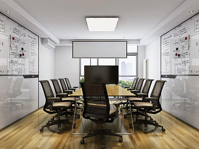 Modern Meeting Room With Long Conference Table Black Office Chairs Whiteboards And Large Screen 3d model