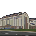 Modern Office Building With Large Glass Windows Dark Roof Front Lawn And Parked Cars