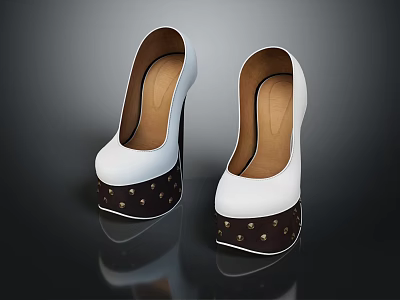 Stylish High Heels With White Upper And Brown Heels Adorned With Gold Studs 3d model
