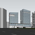Modern Glass Curtain Wall Office Building With City Street And Trees