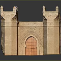 Castle Gate Architectural Model With Terracotta Towers And Arched Wooden Door