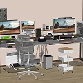 Modern Office Desk Workspace With Dual Monitors Ergonomic Chair And Office Supplies