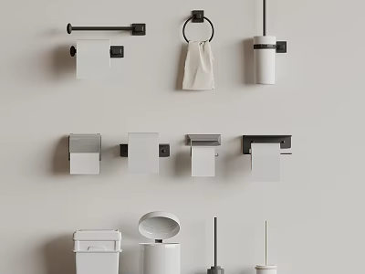Modern Bathroom Accessories Including Toilet Paper Holder Towel Ring Trash Can And Brush Holder 3d model