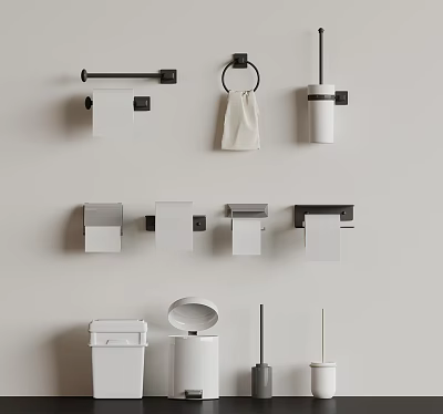 Modern Bathroom Accessories Including Toilet Paper Holder Towel Ring Trash Can And Brush Holder 3d model