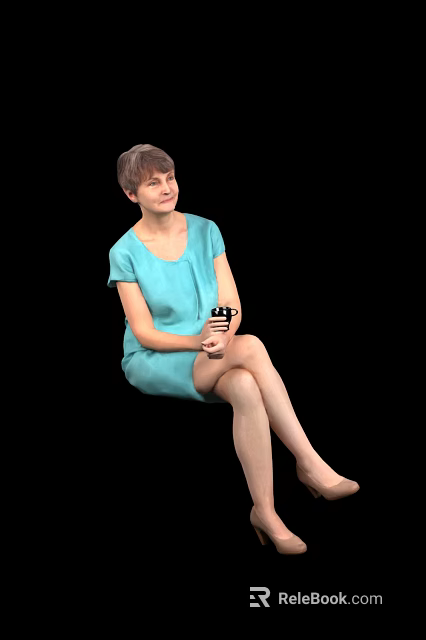 Woman In Light Blue Dress Sitting With Black Cup On Black Background 3d model 