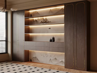 Modern Dark Wood Bookcase with Gold Accents Built in Lighting and Decorative Ornaments 3d model