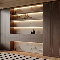 Modern Dark Wood Bookcase with Gold Accents Built in Lighting and Decorative Ornaments