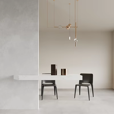 Modern Bar Counter With White Marble Surface Black Chairs Hanging Pendant Lights In Minimalist Space 3d model