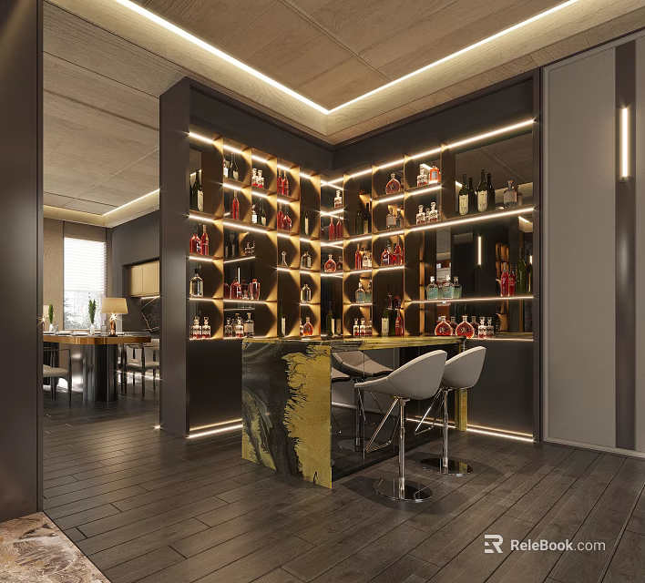 Luxurious Modern Bar Area Design With Illuminated Wine Racks Marble Countertop And White Bar Stools 3d model 