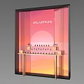 Shu Uemura Cosmetic Display Window With Gradient Sunset Background And Product Shelves