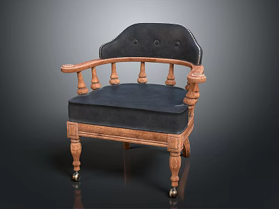 Traditional Single Sofa With Wooden Carved Arms Black Upholstered Cushion And Caster Wheels 3d model