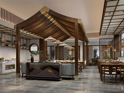 Traditional Chinese Restaurant Interior With Wooden Canopy Structure Marble Countertop And Wooden Tables 3d model