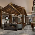 Traditional Chinese Restaurant Interior With Wooden Canopy Structure Marble Countertop And Wooden Tables