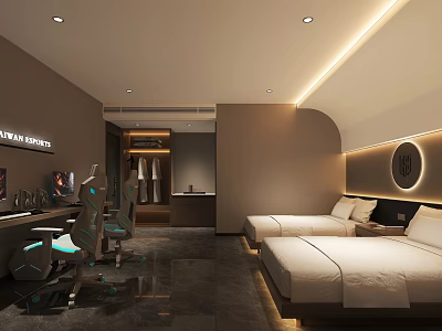 Modern Esports Hotel Guest Room With Gaming Chairs Twin Beds Desk And Recessed Lighting 3d model