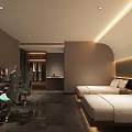 Modern Esports Hotel Guest Room With Gaming Chairs Twin Beds Desk And Recessed Lighting