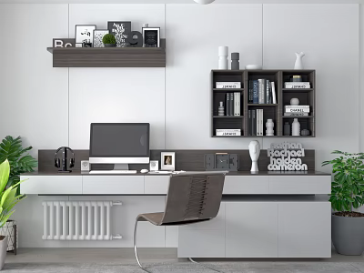 Modern Home Office Desk With White Wall Bookshelf Computer Chair And Green Plants 3d model