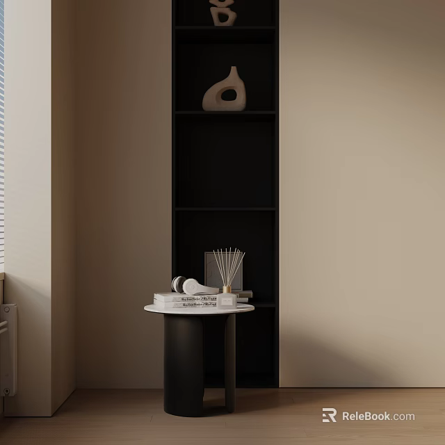 Modern Black Base White Top Side Table With Decorative Items By Corner Shelf 3d model 
