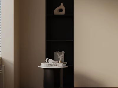 Modern Black Base White Top Side Table With Decorative Items By Corner Shelf 3d model