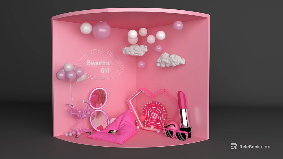 Pink Themed Photo Spot with Balloons Clouds Mirror Lipstick and Heart Decorations 3d model 