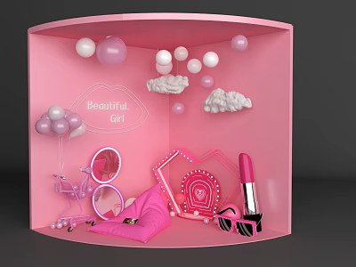 Pink Themed Photo Spot with Balloons Clouds Mirror Lipstick and Heart Decorations 3d model