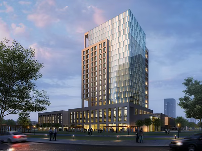 Modern Tall Residential Building With Glass Facade Trees Street Evening Sky People And Cars 3d model
