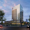 Modern Tall Residential Building With Glass Facade Trees Street Evening Sky People And Cars