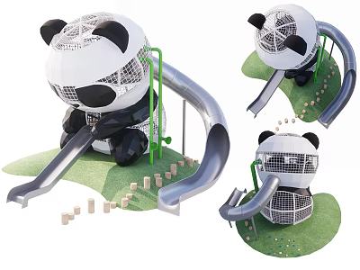 Cute Panda Shaped Garden Ornament With Net Structure Slide Green Lawn And Wooden Blocks 3d model